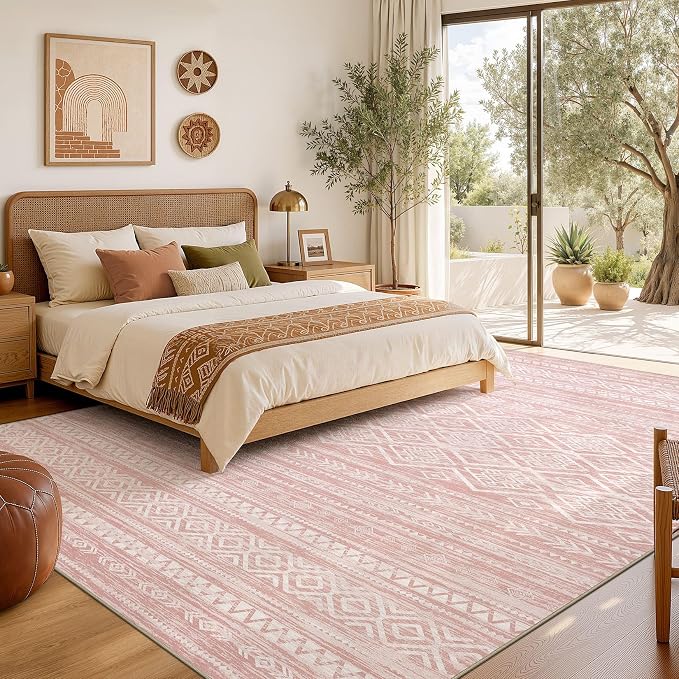 Nakagishi Area Rug Living Room Rugs: 10x12 Large Soft Machine Washable Boho Moroccan FarmNeutral Stain Resistant Indoor Floor Carpet for Bedroom Under Dining Table Home Office Decor-Pink