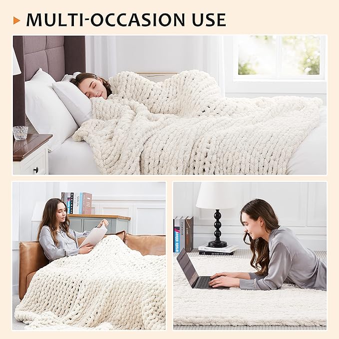 L'AGRATY Chunky Knit Throw Blanket for Couch, 72'' x 84'' Knit Throw, Ivory | Handmade Chenille Crochet Blanket for Sofa Bed, Thick Cable Knitted Blankets for Room Home Decor, Birthday Gift for Women Mom