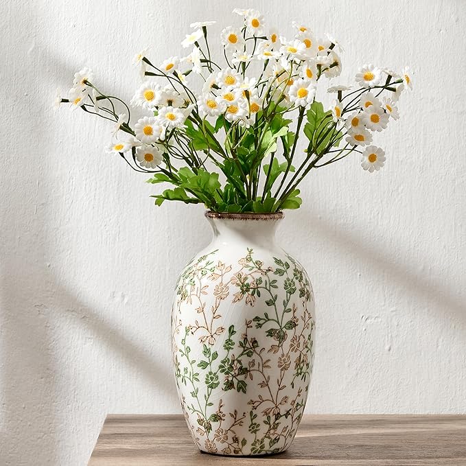 Green and Beige Antique Vase, 7.95" Vintage Chinoiserie Floral Vase, Modern Farmhouse Ceramic Vase for Home Decor, Living Room, Bookshelf, Office, Entryway, Garden, Chinoiserie Decor, Tuscan Decor