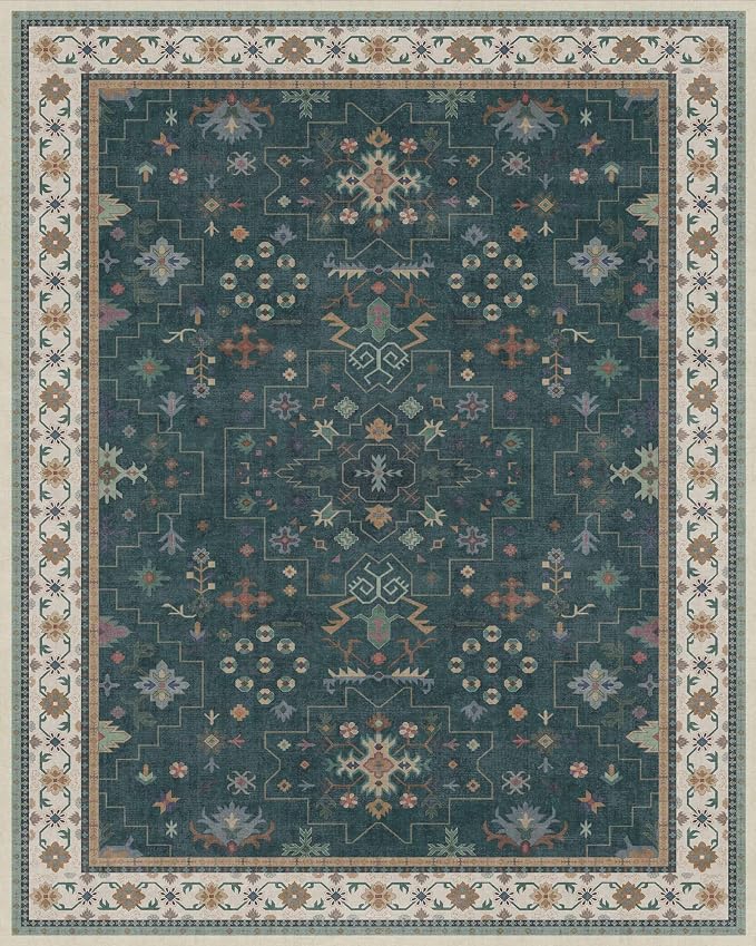 Hazo Haus Dark Green Vintage 8x10 Washable Rugs for Living Room - Dark Academia Victorian Floral Geometric Bedroom Rug, Ultra Soft Thin Low Pile Non-Slip Large Rugs for Dining Room Under Table Lounge
