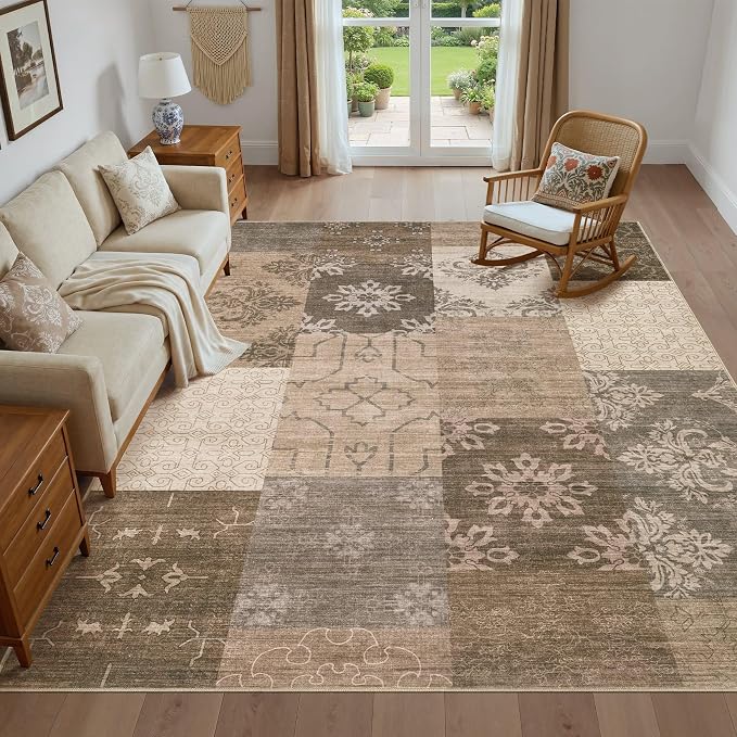 UERMEI 6x9 Area Rug for Living Room, Washable Brown Modern Geometric Patchwork Non Slip Stain Resistant Low Pile Foldable Carpet for Bedroom Dining Farmhouse Home Office