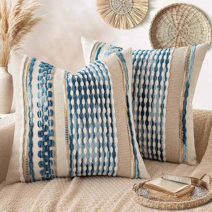ANRODUO Boho Decorative Throw Pillow Covers Sky Blue Stripe 20x20 Pack of 2 | Throw Pillow Covers, Farmhouse Cushion Case, Chenille Pillow Cases, Coastal throw pillows, Neutral Pillowcase for Couch Bed