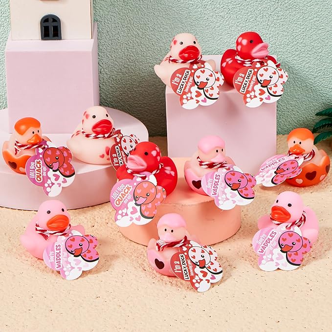 JOYIN 24 Pcs Valentine’s Day Gift Cards with Rubber Duck for Kids,Mini Rubber Duck Bath Toys for Classroom Exchange Prizes, Valentine Party Favors Toys