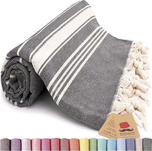 Bazaar Anatolia Turkish Beach Towel – 100% Cotton, Quick Dry, Sand Free Towel for Bathroom, Yoga, Restorative Practice – Oversized 71x39 Inches – Stripe Black