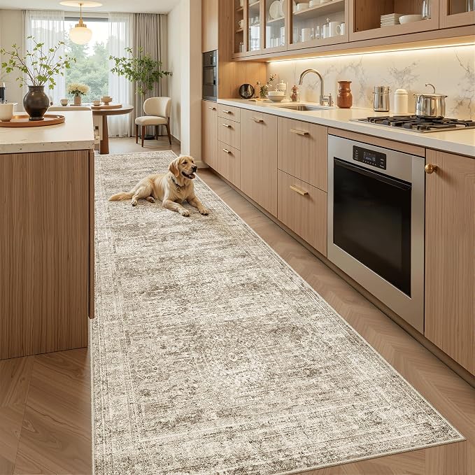 Soalmost Washable 3x10 Hallway Runner Rug Non-Slip Kitchen Entry Rugs Brown | Vintage Long Runners 10ft for Bathroom Laundry Room, Foldable Low-Pile Wide Floor Carpet Mat for Entryway Corridor Bedroom
