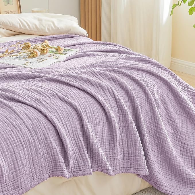 EMME Cotton Muslin Queen Blanket Bed Layering Bedspread Coverlet Breathable Gauze Soft Lightweight Adults (Heather Lavender, 90"x90")
