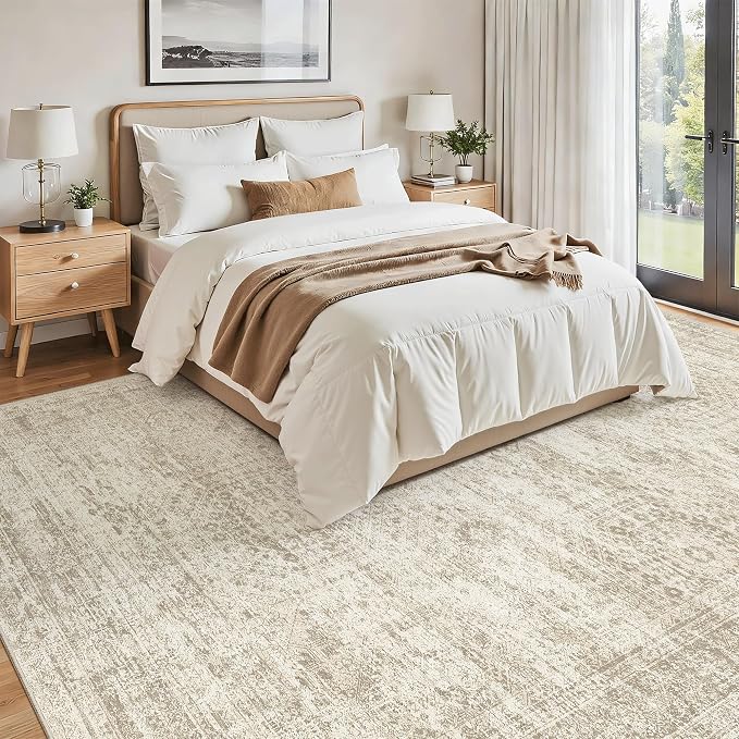 Soalmost Washable Area Rug 8x12 Large Soft Beige Rugs for Living Room | Vintage Non-Slip Carpet for Dining Bedroom, Stain Resistant Low Pile Foldable Lightweight Floor Mat Under Table Home Decor