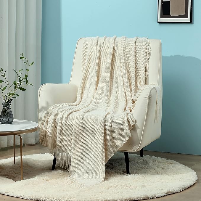 CREVENT Lightweight Knit Throw Blanket for Couch Sofa Chair - Soft and Decorative for Spring Summer Fall (50''X60'' Ivory/Off White)