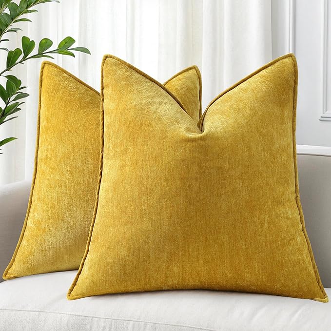 decorUhome Chenille Mineral Yellow Throw Pillow Covers 26x26 Set of 2 | Fall Soft Euro Sham Couch Decorative Modern Velvet Pillow Cases with Elegant Design for Sofa Bed Living Room Home Decor