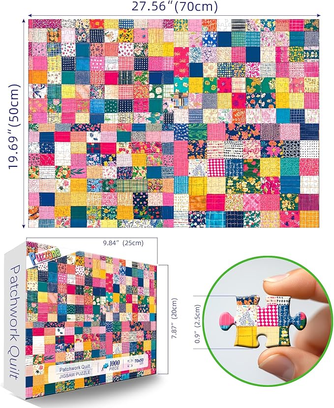 Patchwork Quilt 1000 Piece Puzzle for Adults Colorful Textile Squares Jigsaw Puzzle Floral Patterns Fabric Scraps Unique Adult Puzzles with Letters on Back Puzzles for Game Night (27.6"x19.7")