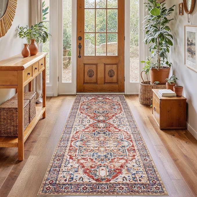 AMADA HOMEFURNISHING 2x6 Washable Runner Rug, Low-Profile Kitchen Rugs with Non-Slip Backing & Durable Edge Binding, Vintage Entryway Runner Rug for Bedroom & Hallway
