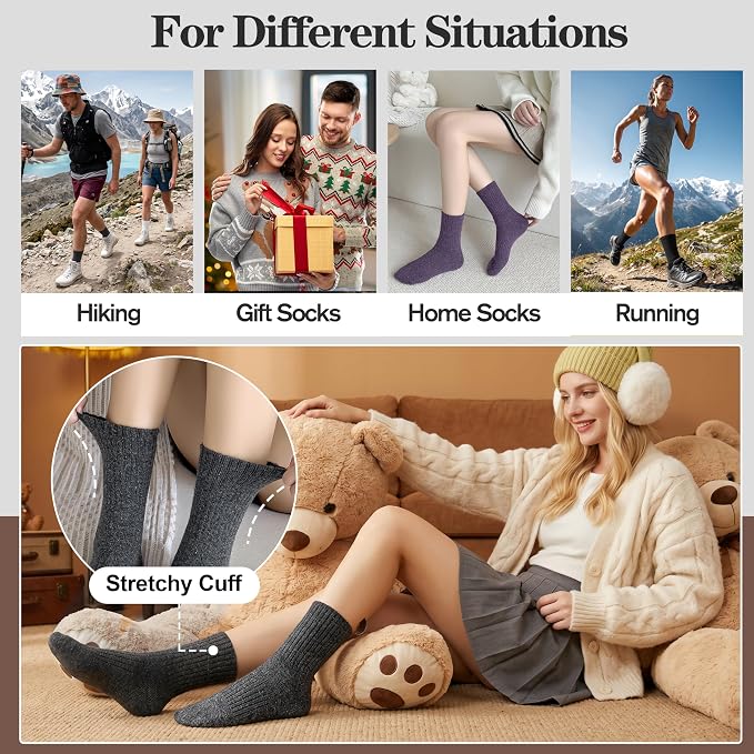 MOGGEI 5 Pairs Womens Merino Wool Socks Hiking Warm Winter Thick Thermal Crew Cozy Cabin Ladies Gift Comfy Boot Work Socks