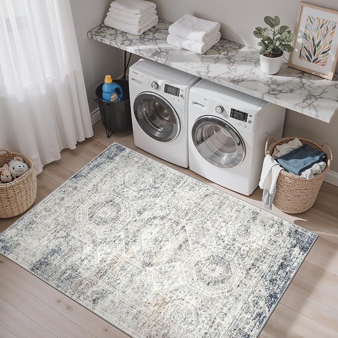 Soalmost 4x6 Area Rug for Living Room, Washable Rugs Non-Slip, Blue/Ivory | Vintage Low-Pile Carpet for Dining Bedroom, Thin Foldable Stain Resistant Floor Mat Nursery Under Table Home Office Decor