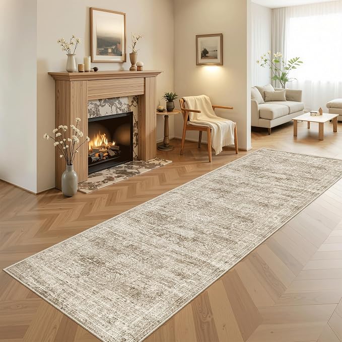 Soalmost Washable Kitchen Runner Rug 3x8 Hallway Entry Rugs Non-Slip, Brown | Vintage Runners 8ft for Bathroom Laundry Room, Foldable Low-Pile Floor Carpet Mat for Entryway Corridor Bedroom