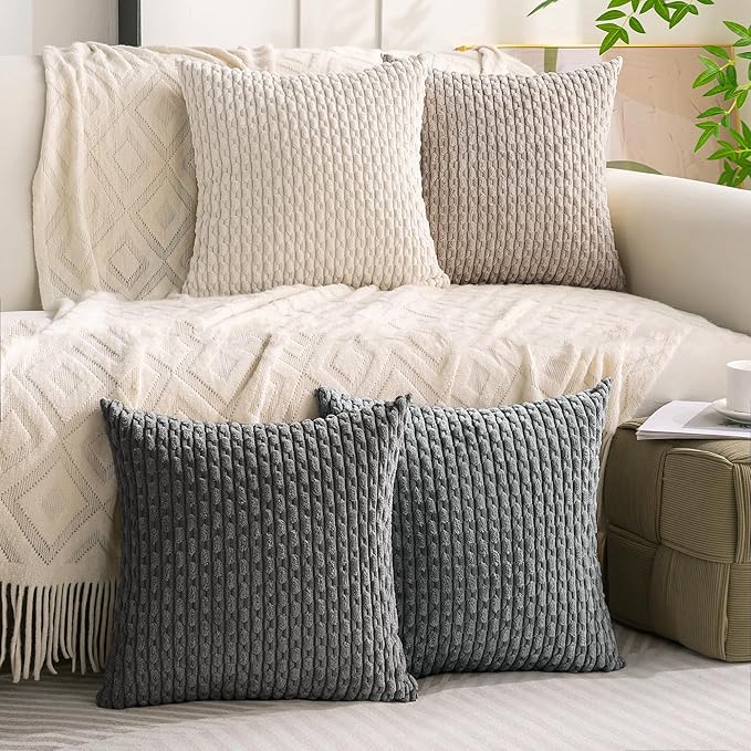 Set of 4 Grey White Taupe Decorative Throw Pillow Covers 20x20 Inch Corduroy Pillow Covers for Bed Couch Sofa Living Room Soft Square Cushion Cases