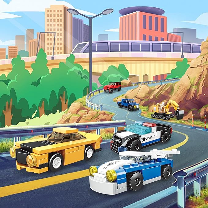 16 Pack Building Blocks Party Favors for Kids, Lego-Compatible 2 in 1 710pcs Building Kits Mini City Vehicles Include Police Car & Train, Christmas Toy Gifts Goodie Bag Filler Stuffers for Boys Girls