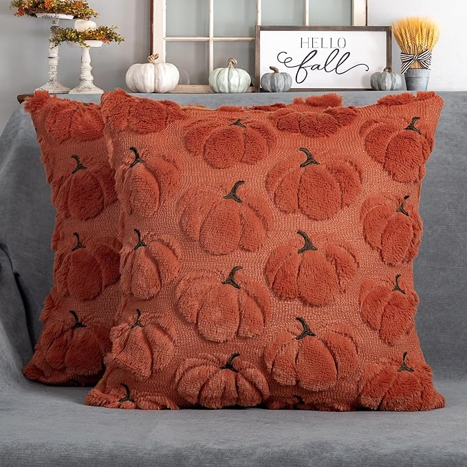 Fall Pumpkins Decorative Pillow Covers 20x20 Set of 2, Dark Rust Red Soft Plush Faux Fur Wool Farmhouse Throw Cushion Cases for Autumn Thanksgiving Holiday Home Decorations