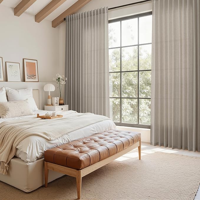 Nanspring Grey Beige Linen Curtains 84 Inches Long for Living Room Light Filtering Semi Sheer Curtain Back Tab Simple Modern Elegant Neutral Luxury Boho Gray Drapes for Bedroom 52x84, 2 Panels