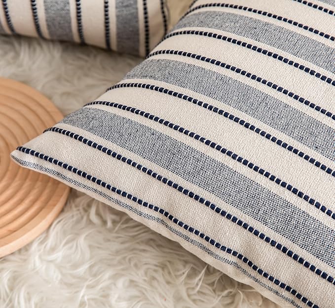 Cethom Decorative Boho Throw Pillow Covers, Farmhouse Textured Pillow Case, 20 x 20 Inch Set of 2, Chair Sofa Bedroom Living Room Decor Couch Cushion Case, Navy Blue and Beige Striped
