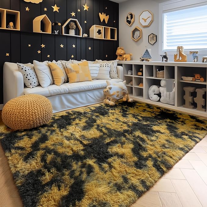 Amdrebio Black Gold Grey Fluffy Area Rug 5x7 for Bedroom Living Room Dorm | Fuzzy Plush Fuzzy Mustard Yellow Leopard Cheetah Carpet, Classroom Men Cave Bedside Office Playroom Decor, Baby Kids Corner
