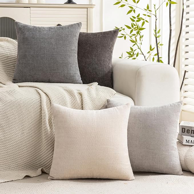 Set of 4 Soft Textured Decorative Throw Pillow Covers 18x18 Inch Cozy Farmhouse Cushion Cover Square Accent Pillow Cases for Bed Couch Sofa Living Room, Grey Series