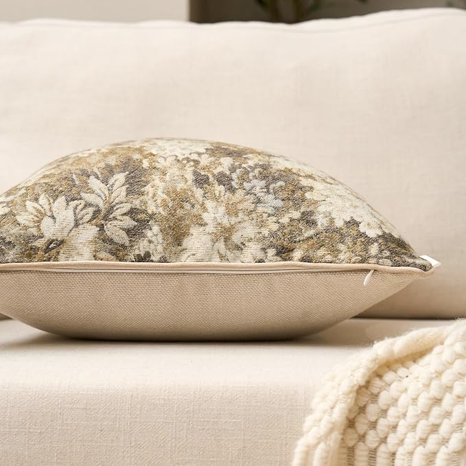 Neutral Floral Pillow Cover 12 x 20 Inches, Vintage Chenille Rectangle Throw Pillow Cover Soft Decorative Farmhouse Accent Couch Pillow Cover for Living Room Bedroom, Beige