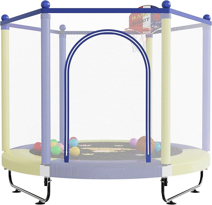 VGMiu 60" Trampoline for Kids, 5 FT Indoor & Outdoor Toddler Baby Trampoline with Basketball Hoop, Safety Enclosure, Birthday Gifts for Kids, Gifts for Boy and Girl, Age 3-8