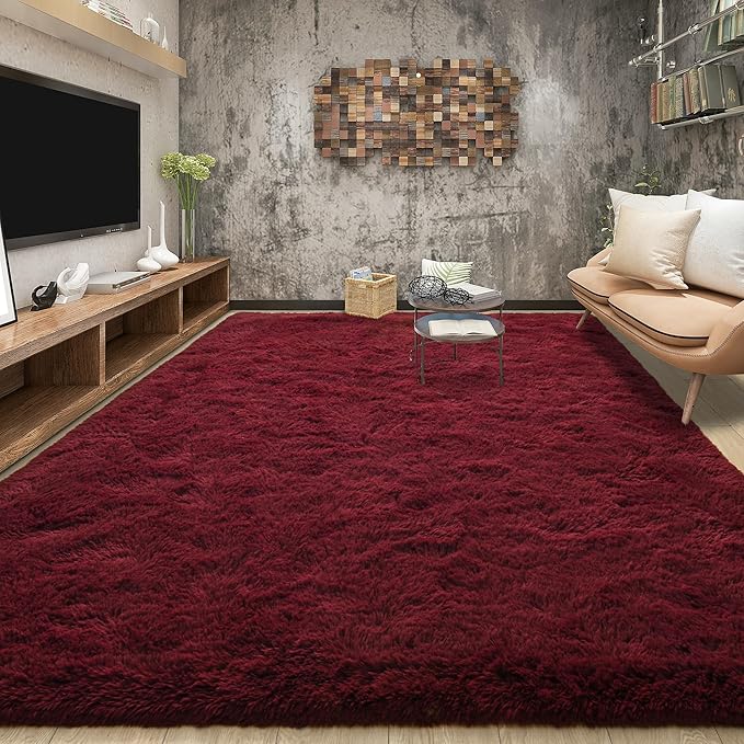 Tepook Fluffy Burgundy Rugs for Living Room, 5x8 Dark Red Area Rug for Bedroom, Soft Shaggy Plush Floor Carpet for Kids Girls Boys Room, Indoor Non Slip and Washable Carpets for Nursery Home Decor