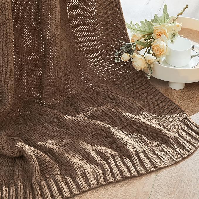 CozeCube Light Brown Knitted Checkered Throw Blanket 60"X80" | Check Knit Throw for Couch, Decorative Christmas Soft Cozy Warm Blanket for Bed Sofa Living Room