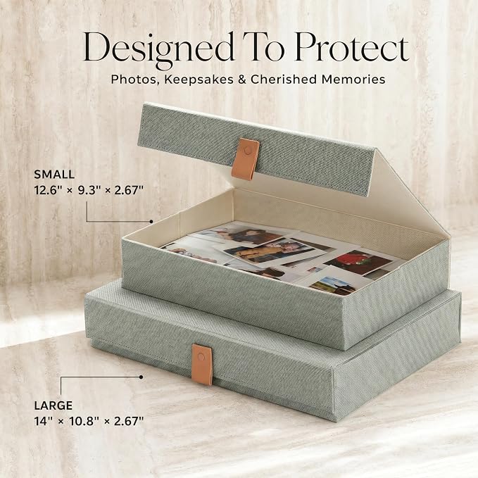 ZICOTO Decorative Photo Storage Boxes with Lids - Set of 2 Beautiful Linen Organizers Are Perfect to Safely Store Your Pictures, Documents, Scrapbooking Supplies, Keepsakes and Other Memories in Style