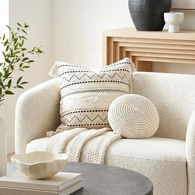 18X18 Throw Pillow Cover, Cream Neutral Square Decorative Cushion Cover with Black Pattern, Boho Accent Pillowcase with Tufted Details and Tassels for Couch Sofa Living Room (Cover Only)