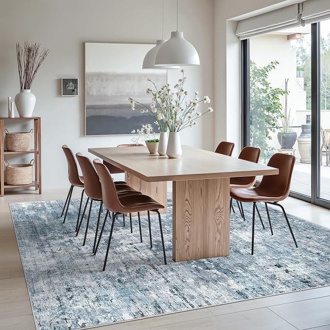 Soalmost Abstract Rug 8x10 Large Living Room Area Rugs Washable Blue/Grey | Modern Non-Slip Carpet for Dining Bedroom, Stain Resistant Foldable Thin Low Pile Floor Mat Under Table Home Office Decor