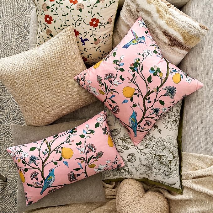 MUSSEL Light Pink Floral Vintage Decorative Pillow Covers 18x18 Set of 2 | Soft Velvet,Wild Flower Plant,Throw Pillows Case,Square,Colorful Farmhouse Cushion Covers,Home Sofa Bed Couch Decor