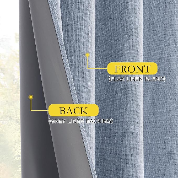 NICETOWN Short 100% Blackout Curtains 63" Long, Burlap Linen Drapes with Thermal Insulated Grey Liner, Keeping Out Cold Air and Heat Panels for Kitchen, Cafe Bar (Set of 2, 52" Width, Stone Blue)