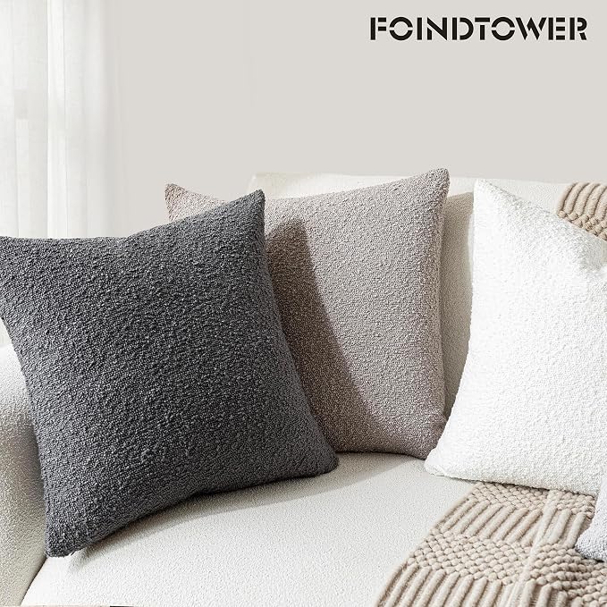 Foindtower Set of 2, Decorative Textured Boucle Throw Pillow Covers Accent Solid Pillow Cases Soft Cozy Couch Cushion Case for Chair Sofa Bedroom Living Room Home Decor 24 x 24 Inch Neutral Grey