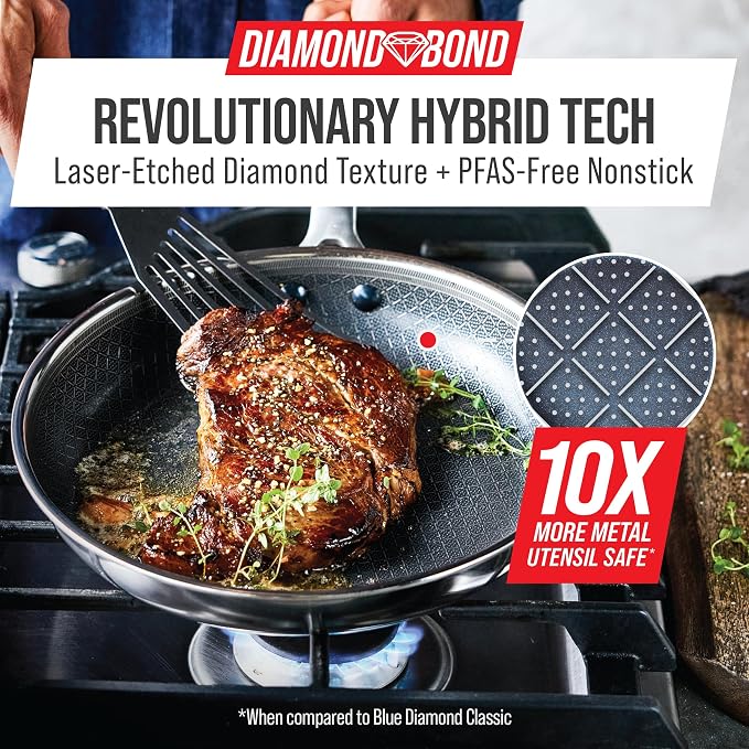 Blue Diamond Hybrid 8" Stainless Steel Nonstick Frying Pan | PFAS-Free Ceramic Nonstick Skillet, Diamond Bond Powerful Searing, Induction & All Cooktop Ready, Dishwasher and Oven Safe