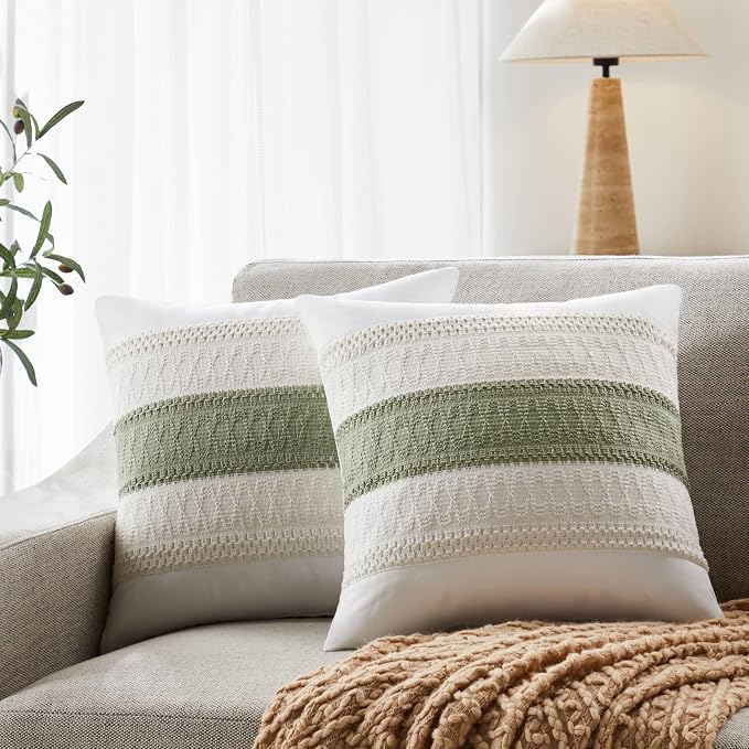 2pk Boho Pillow Covers 20x20, Natural White/Contrast/Green | 100% Organic Cotton Body, Stripe Embroidery, Farmhouse Decorative Cushion Covers for Sofa Bed Living Room Home Decor