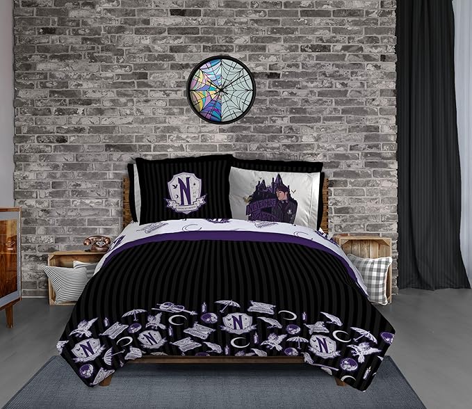 Jay Franco Wednesday Addams Queen Comforter Set - 7 Piece Bedding Includes Sheet Set & Pillow Covers - Black and Grey Stripes Super Soft Kids Bedding