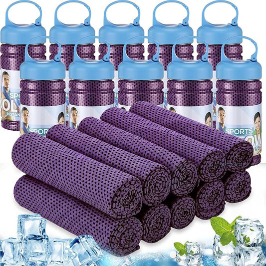 Honoson 20 Pcs Cooling Towels for Neck and Face, 47"x12" Sports Breathable Ice Towels Microfiber Chilly Sweat Rags with Portable Bottle for Gym Golf Athletes Yoga Workout Hot Weather (Purple)