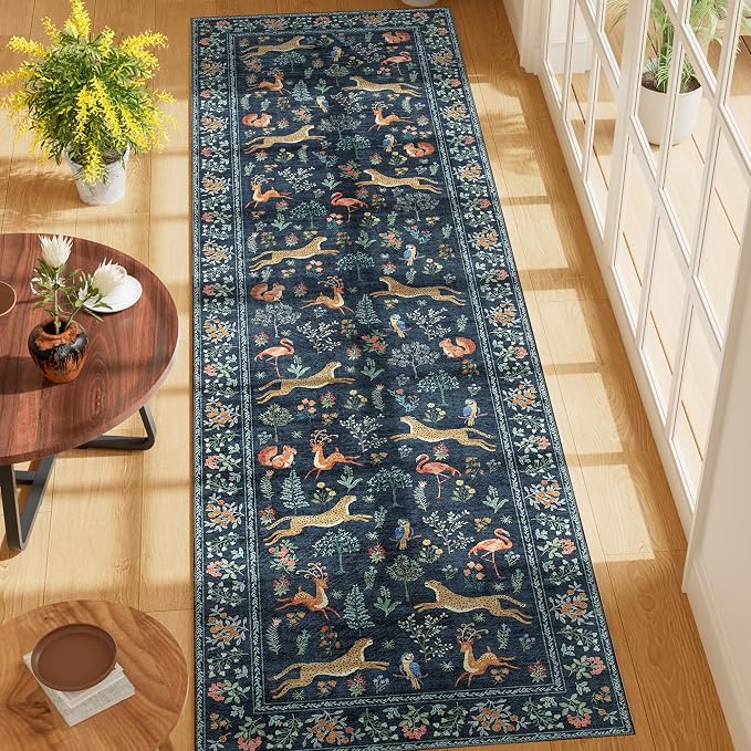 DUKINO 2x7 Runner Rug for Hallway, Washable Kitchen Rugs Non Slip Navy Blue | Low Pile, Stain Resistant, Animal Indoor Carpet Runner for Hallway, Entryway, Bedroom, Bathroom, Lightweight, Pet Friendly