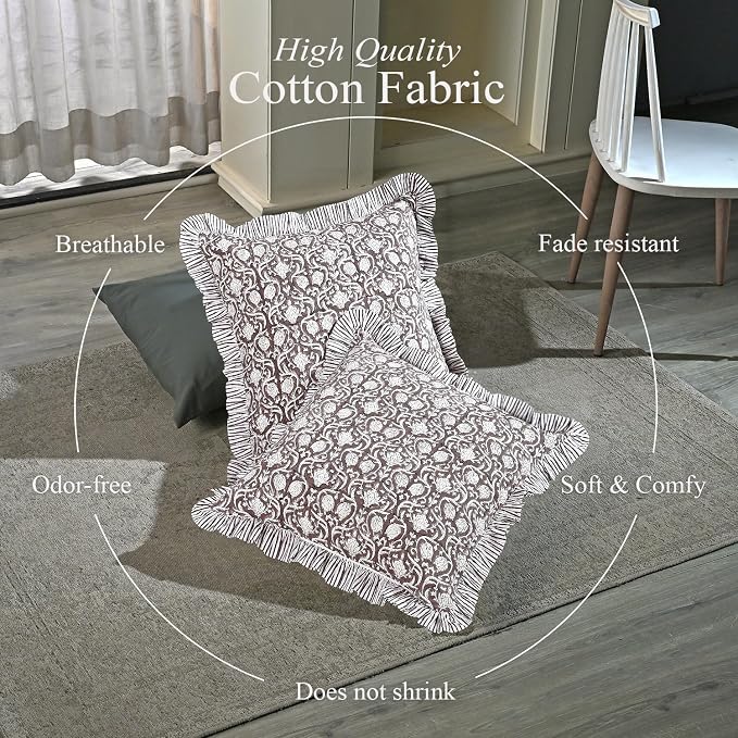 CPC Mocha Regal Hand Block Print 100% Cotton Ruffle Throw Pillow Cover 18x18 inch with Hidden Zipper Decorative for Couch, Bed, Sofa, Farmhouse, Cottagecore Decor Gift Christmas Fall Thanksgiving