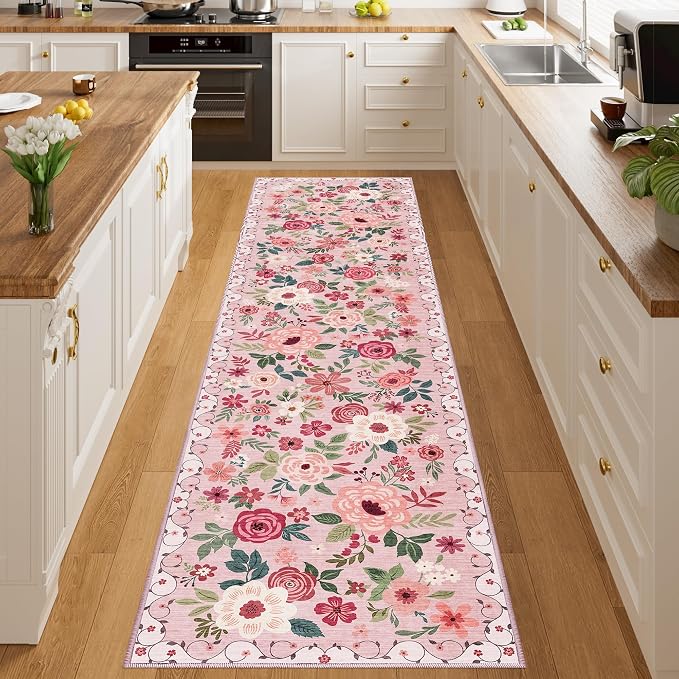 DUKINO 2x8 Runner Rug, Washable Runner Rug for Kitchen Non Slip, Pink | Floral, Low Pile, Soft Indoor Rug for Hallway, Entryway, Bedroom, Bathroom, Pet Friendly, Stain Resistant, Modern Home Decor