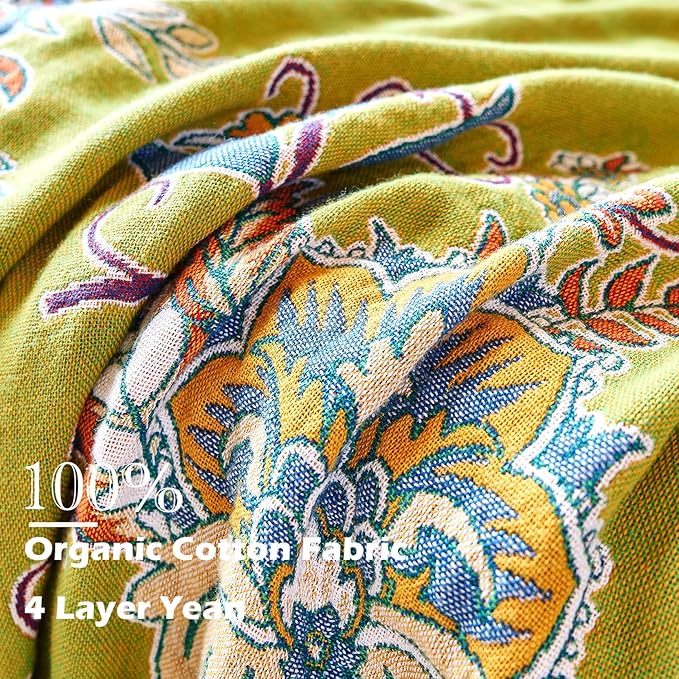 VANJOROY Boho Throw Blanket 60" x 80", 100% Organic Cotton Breathable Ultra Soft Bed Quilt Throw - All Season Luxury Floral Farmhouse Decor Blanket for Sofa Couch Chair and Gift. Green/Blue