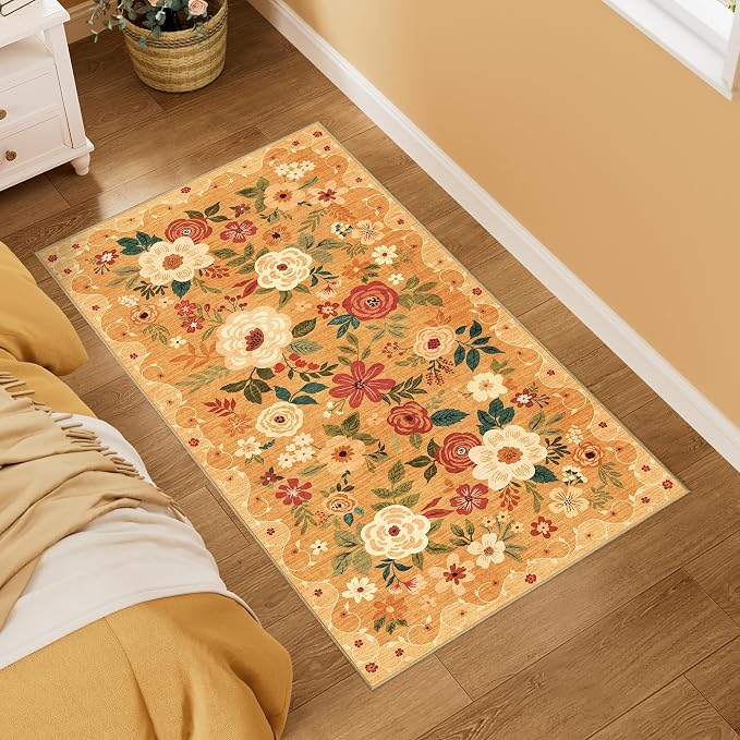 DUKINO 2x4 Entryway Rug, Floral Washable Kitchen Rugs Non Slip, Orange | Low Pile, Soft Indoor Runner Rug for Hallway, Bedroom, Bathroom, Laundry, Pet Friendly, Modern Home Decor, Stain Resistant