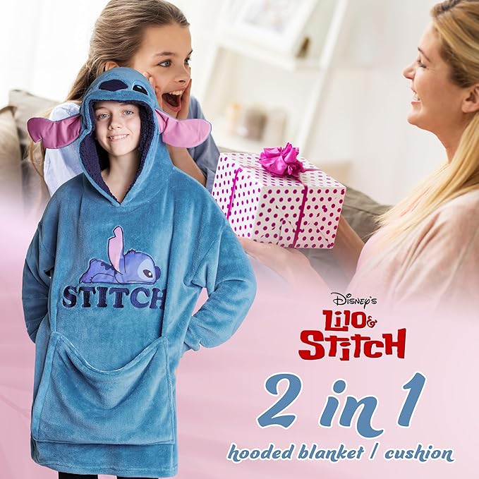 Disney Blanket Hoodie for Kids, 2-in-1 Folds into Travel Cushion, Stitch Baby Yoda Maleficent Eeyore, Gifts for Girls Boys