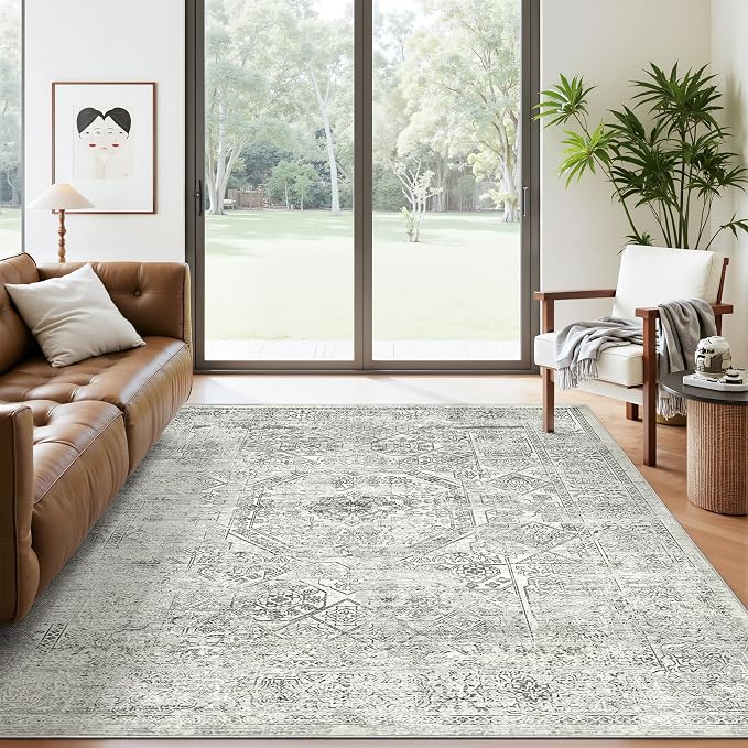 Soalmost 6x9 Area Rug for Living Room Washable Non-Slip Rugs Light Gray | Low-Pile Vintage Carpet for Dining Bedroom, Foldable Thin Stain Resistant Floor Mat Under Table Home Office Nursery Decor