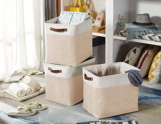 DECOMOMO Extra Large Storage Baskets, 54.5L Fabric Storage Bins 3 Pack | XXXL Storage Baskets for Shelves, Linen Closet Organizers (Beige & White, 17" x 13" x 15")