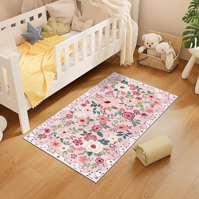 DUKINO 2x4 Entryway Rug, Floral Washable Kitchen Rugs Non Slip, Pink | Low Pile, Soft Indoor Runner Rug for Hallway, Bedroom, Bathroom, Laundry, Pet Friendly, Modern Home Decor, Stain Resistant