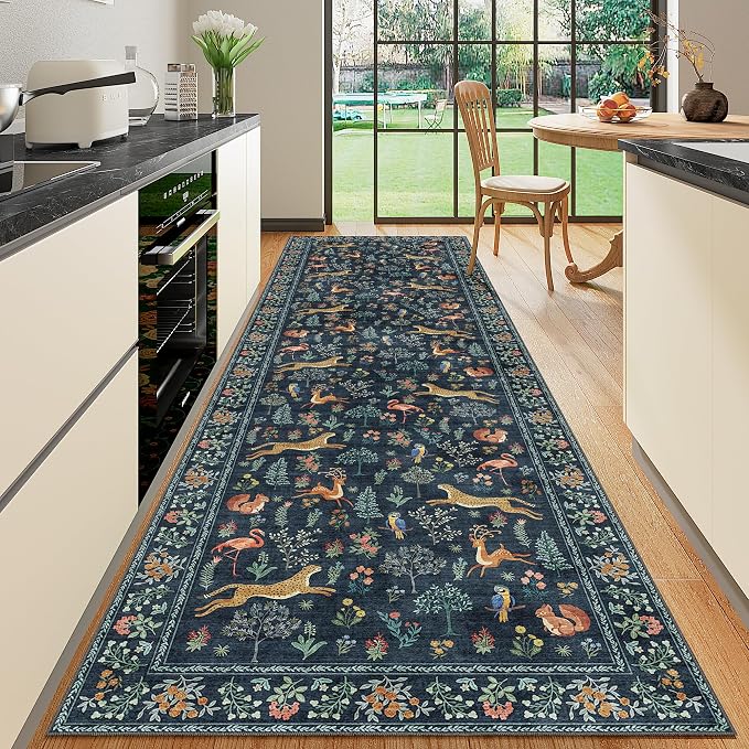 DUKINO 3x10 Washable Runner Rug, Non Slip Animal Rug for Hallway, Navy Blue | Low Pile, Stain Resistant, Soft Thin Indoor Rug Runner for Kitchen, Entryway, Bedroom, Bathroom, Pet Friendly, Non-Shedding