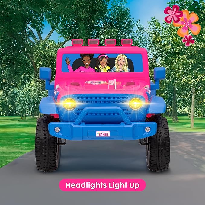 Barbie - 12V Kids Ride-On Jeep with Rechargeable Battery, LED Headlights, Press-Button Start, Durable Wheels, Forward & Reverse Drive, Contoured Seat